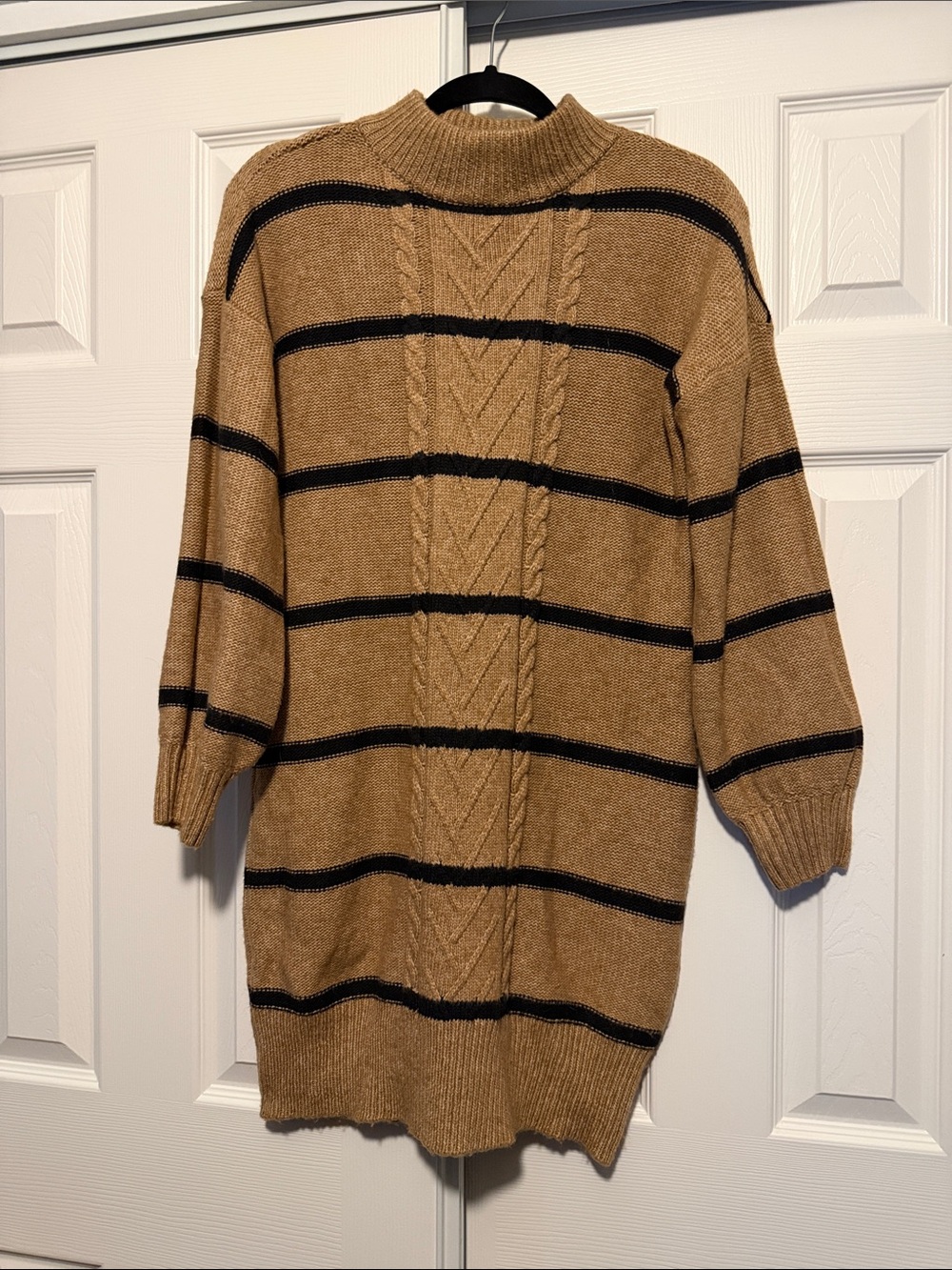 Maurices Camel and Black Striped Cable-Knit Turtleneck Sweater